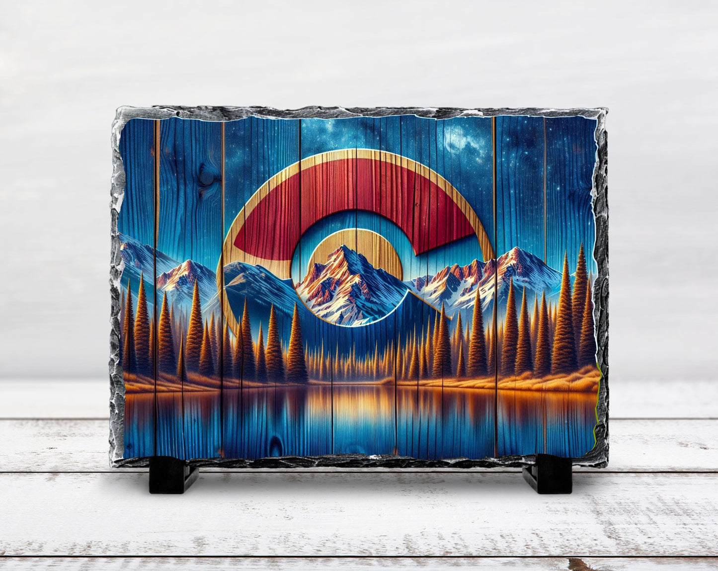 Colorado C Slate Plaque - Rustic Faux Wood Design with Mountains Lake  Milky Way Sky - Perfect Gift for Colorado Lovers