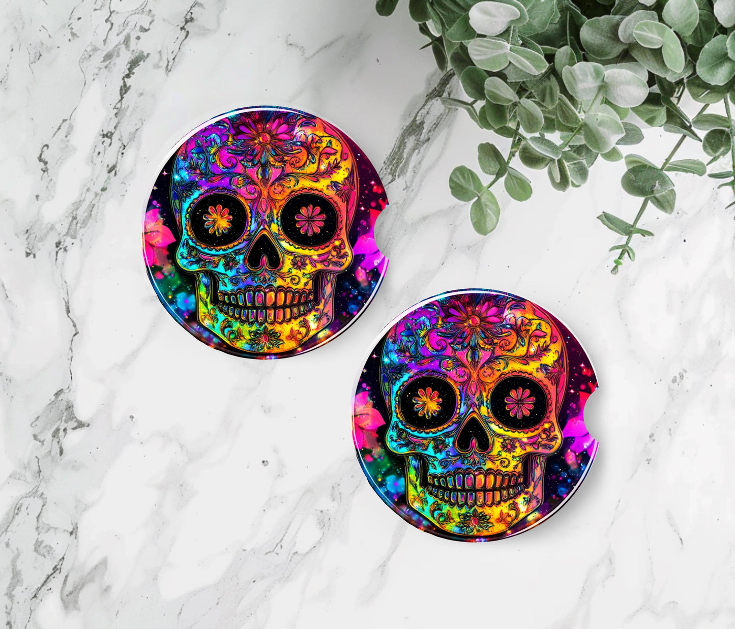 Rainbow Sugar Skull Car Coaster - Stylish Sandstone Cup Holder Mat for Vehicle Decor