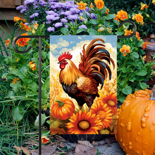 Double-Sided Garden Flag - Autumn Rooster Pumpkin  Mums Design 12x18 Inch