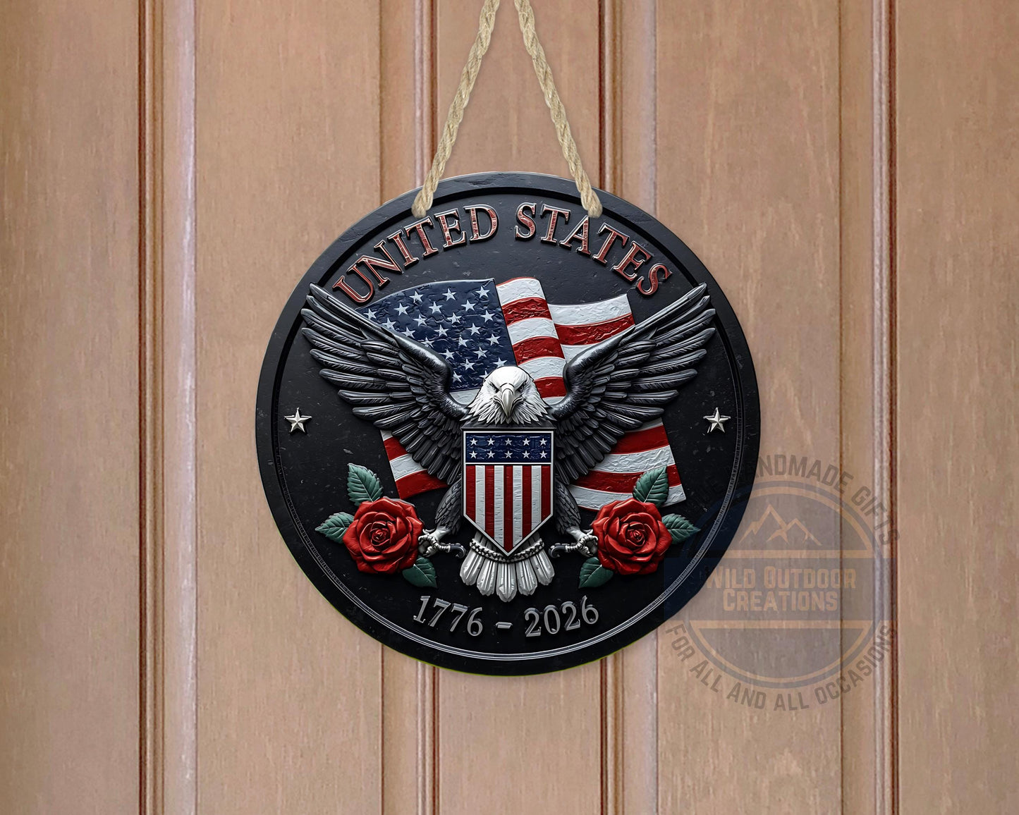 American Eagle Door Hanger - Round Aluminum Patriotic Door Sign, Veteran Gift Idea
