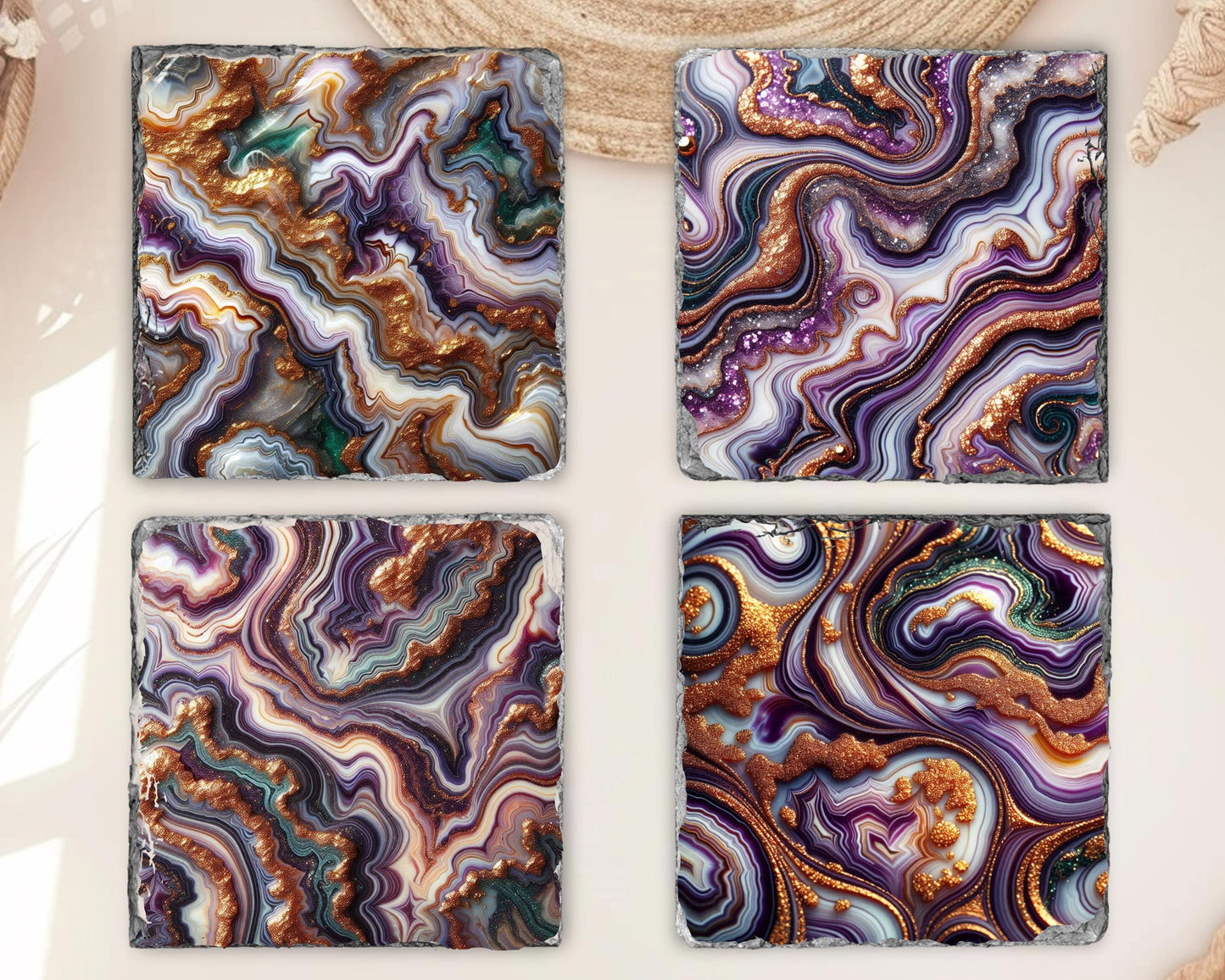 Mardi Gras Coaster Set of 4 - Purple Gold Glitter  Green Agate  Perfect Boho Housewarming Gift