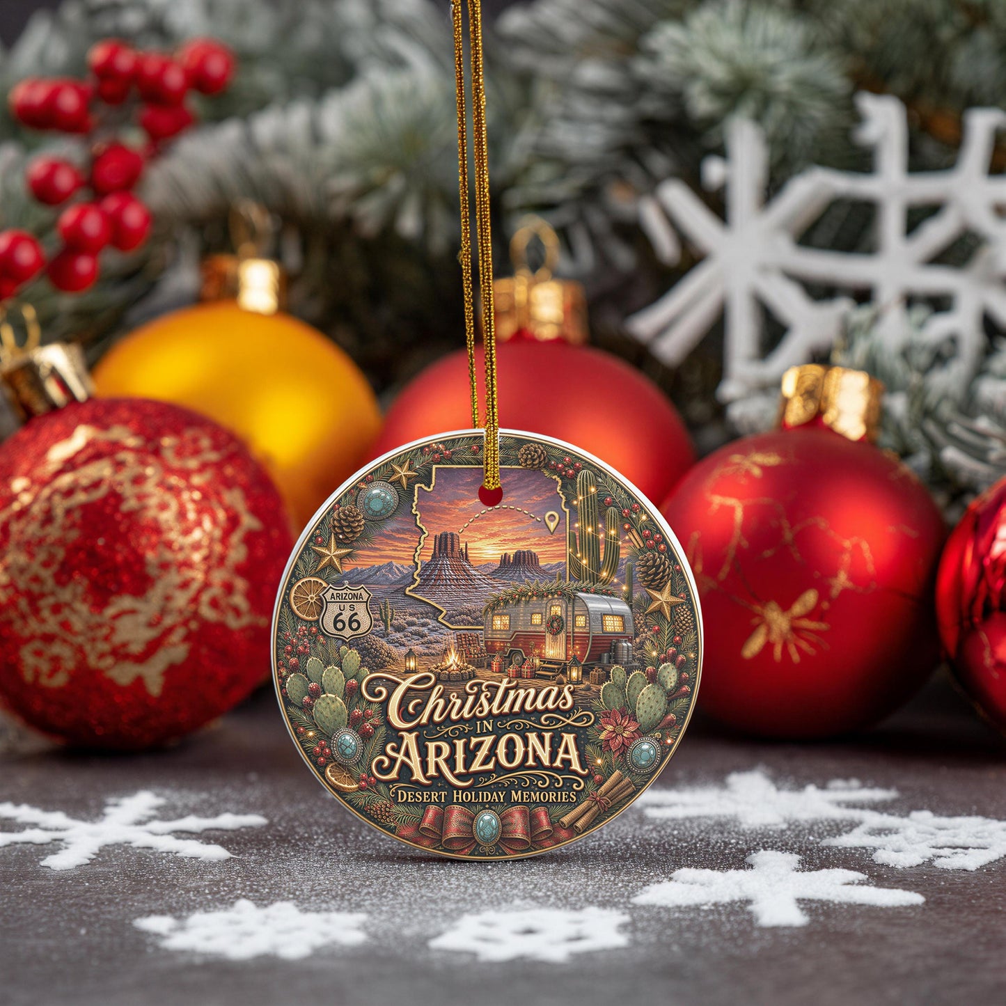 Arizona Christmas Ornament | Ceramic Keepsake | Desert Sunset Camper