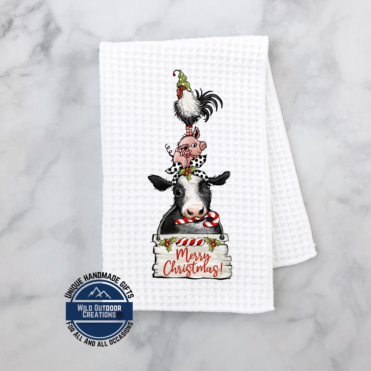 Stacked Farm Animals Merry Christmas Kitchen Towel Cow Pig Rooster Farmhouse Decor Gift