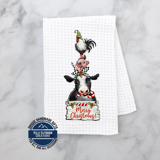 Stacked Farm Animals Merry Christmas Kitchen Towel Cow Pig Rooster Farmhouse Decor Gift