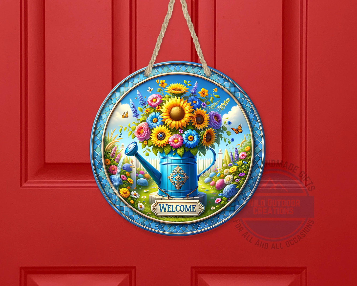 Watering Can Welcome Sign – Round Aluminum Garden Door Hanger With Sunflower Decor - additional angle