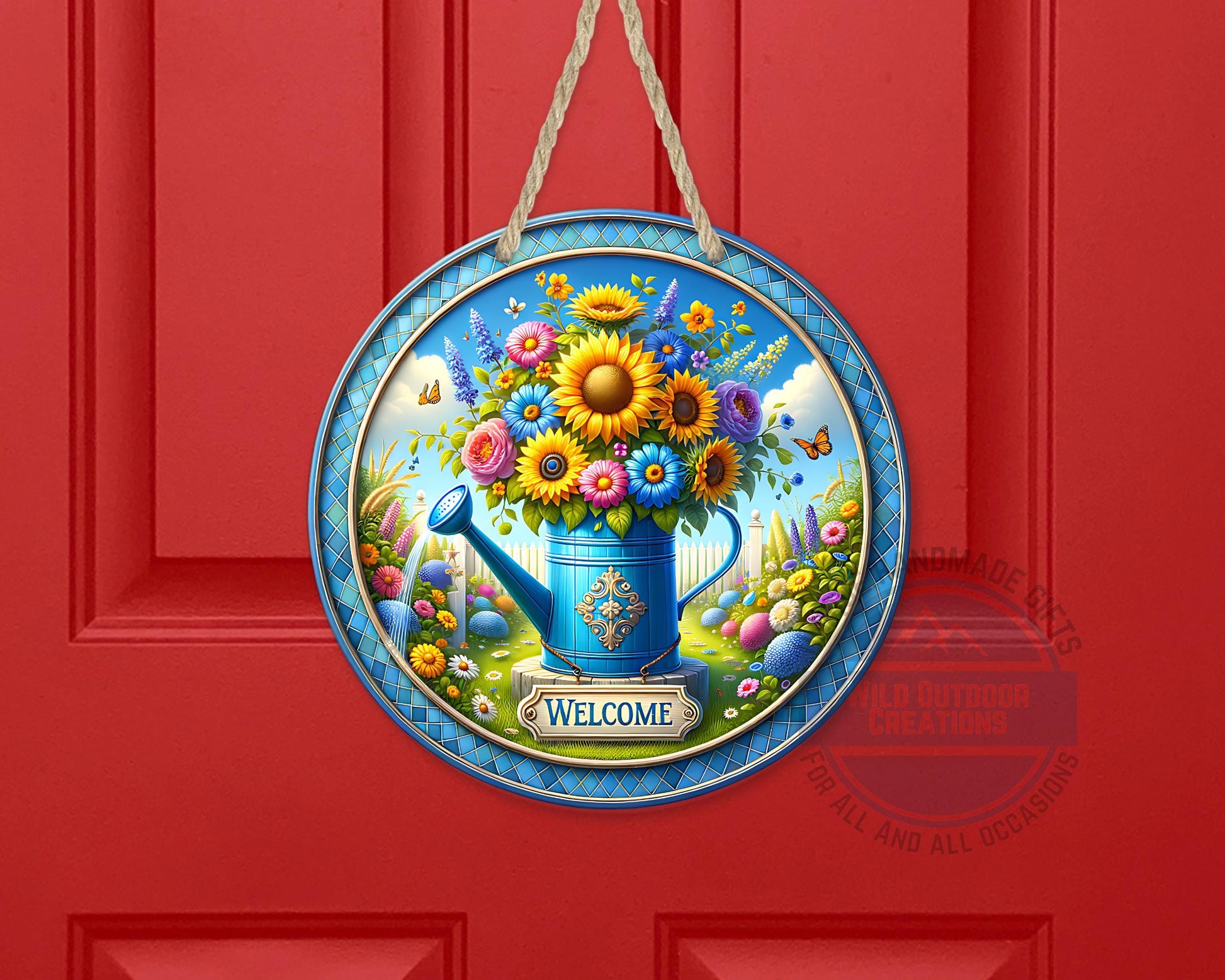 Watering Can Welcome Sign – Round Aluminum Garden Door Hanger With Sunflower Decor - additional angle