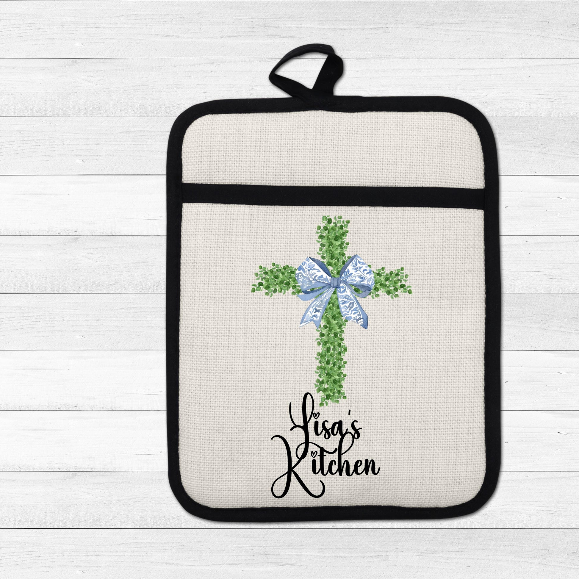 Personalized Christian Pot Holder - Custom Name Floral Cross Kitchen Gift - gift presentation view