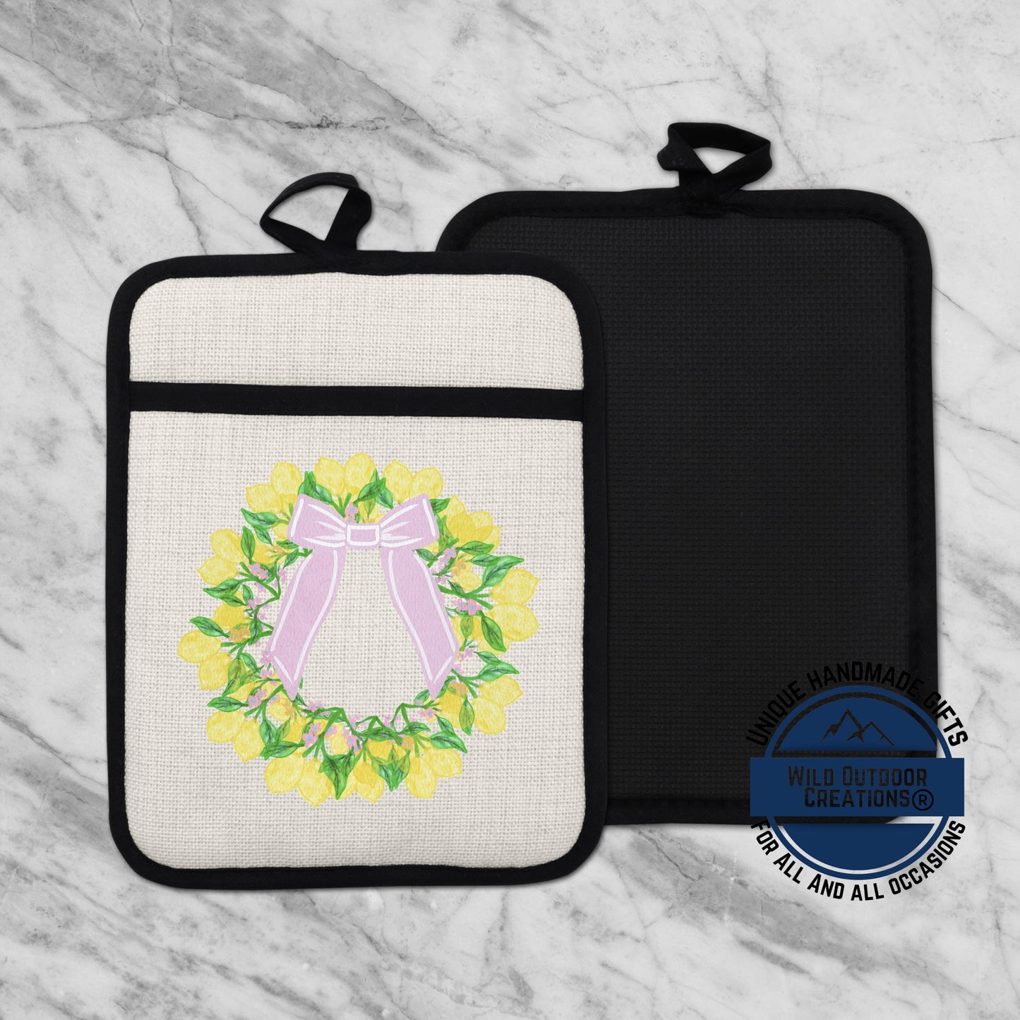 Lemon Wreath Pot Holder - Non Slip Potholder With Pocket | Floral Kitchen Gift