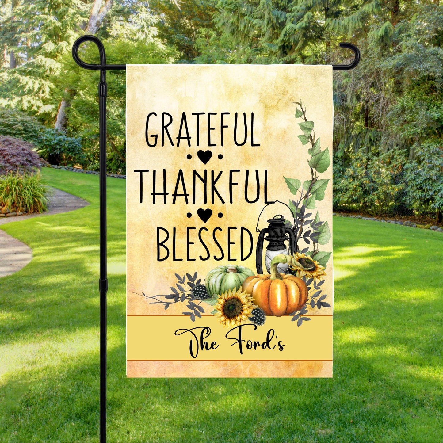 Personalized Fall Garden Flag - Grateful Thankful Blessed - Unique Housewarming Gift