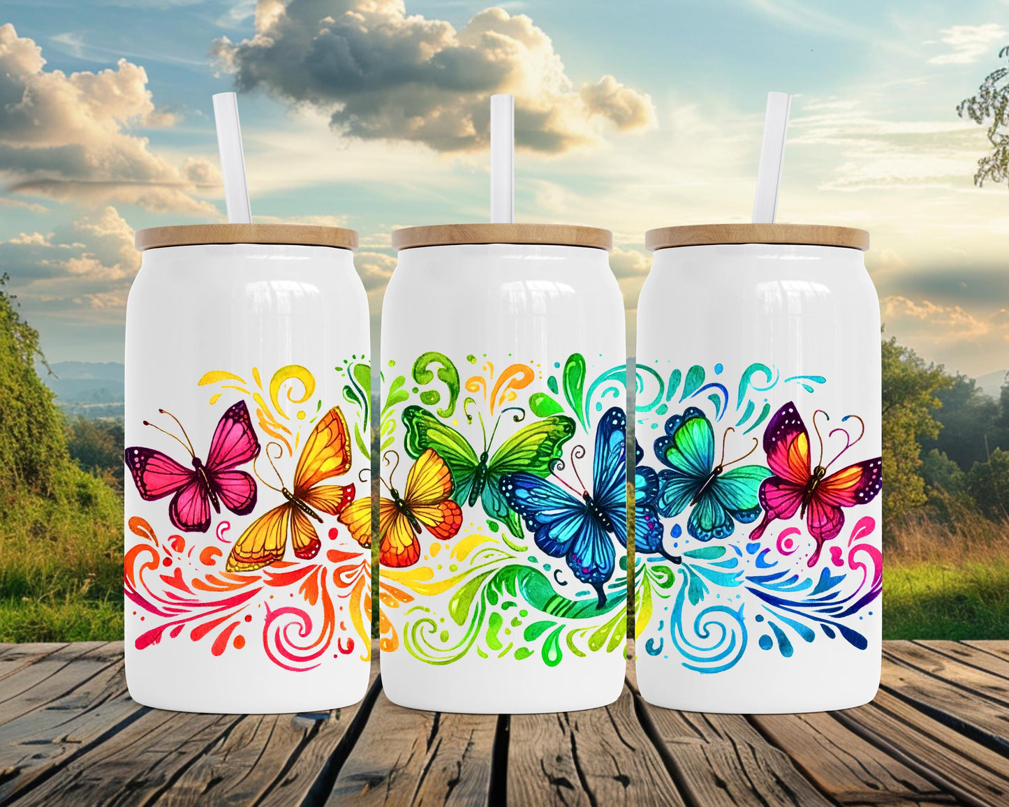 Rainbow Butterfly Insulated Tumbler, 16oz Stainless Steel Travel Cup, Butterfly Gift for Her