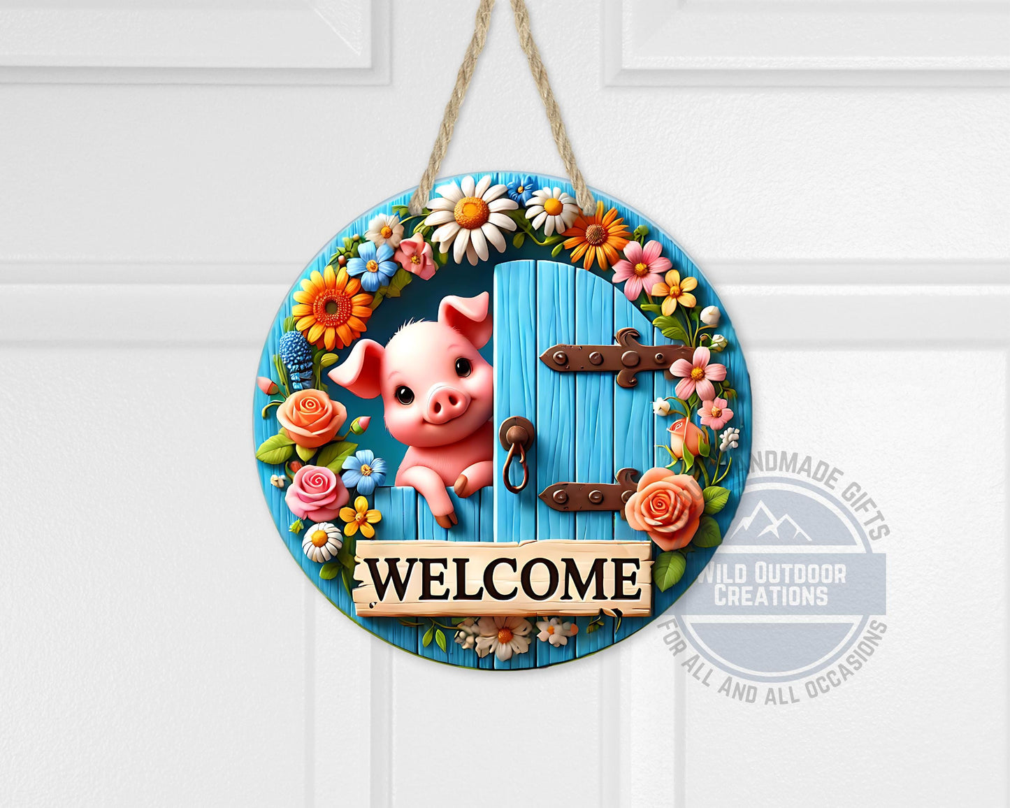 Pig Door Hanger – Farmhouse Welcome Sign | Floral Blue Wood Aluminum Decor