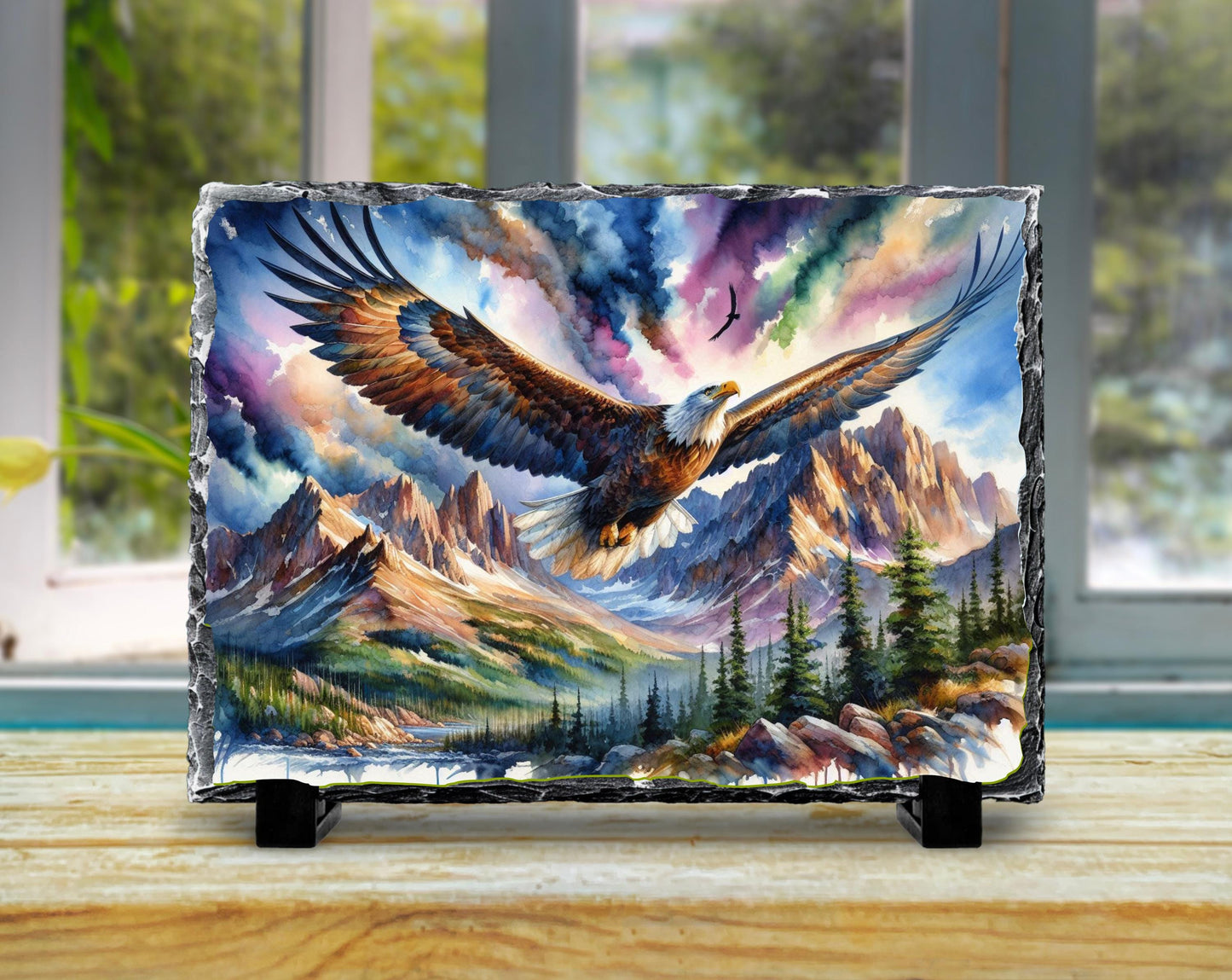 Eagle Slate Art Plaque - Soaring Over Mountain Valley Rustic Wildlife Decor on Fractured Stone