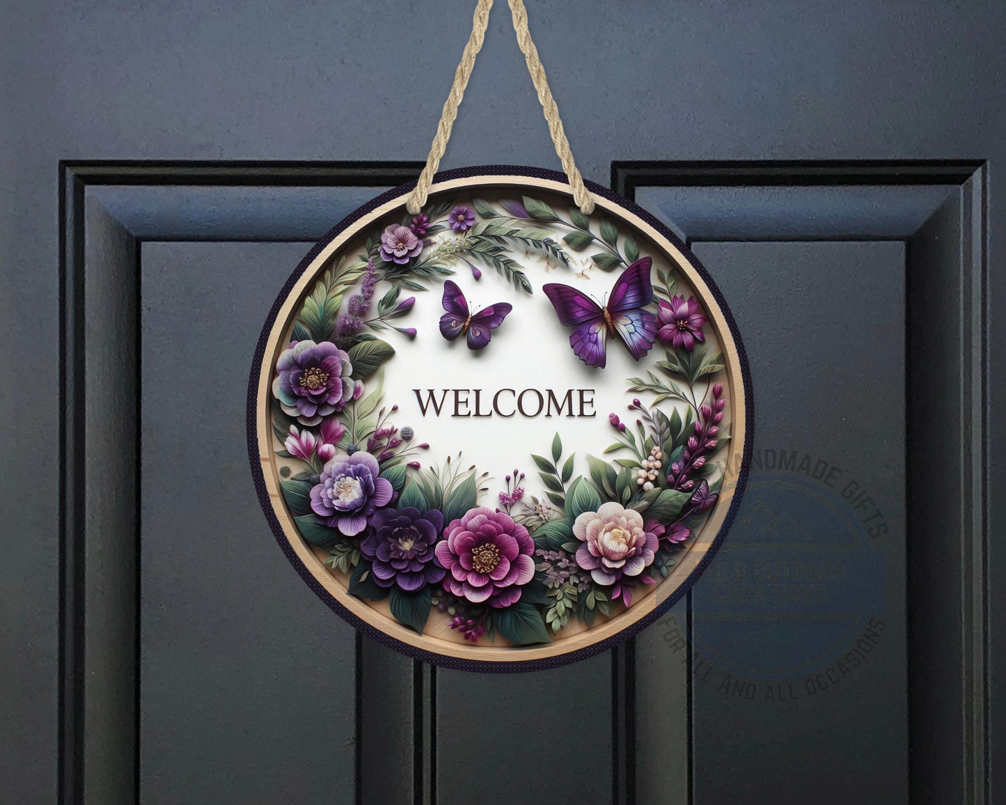 Welcome Door Hanger - Purple Floral Butterfly Porch Sign | Weather Resistant Aluminum