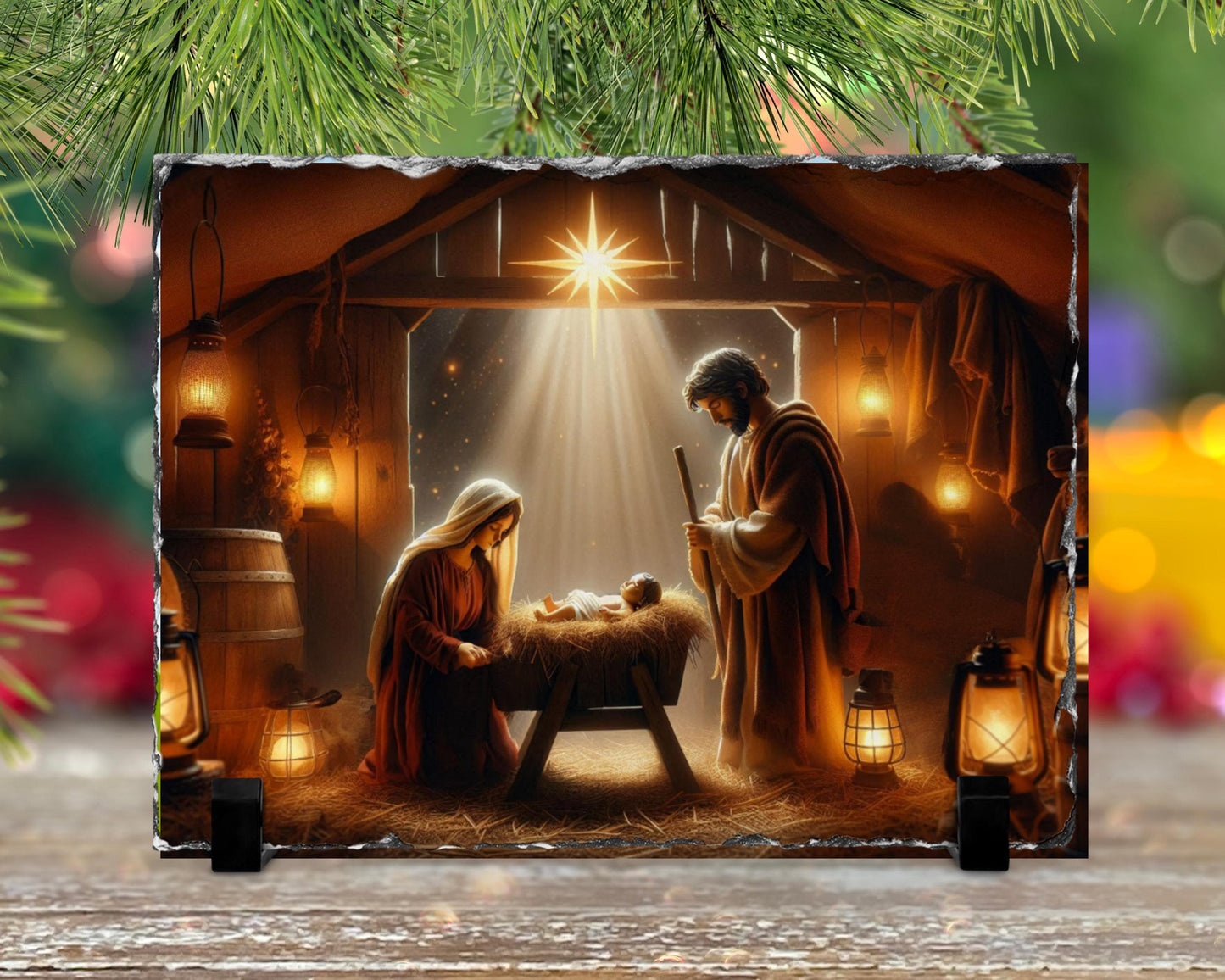 Religious Slate Wall Art - Mary  Jesus Nativity Scene with Fractured Edges - Unique Christmas Home Decor Gift