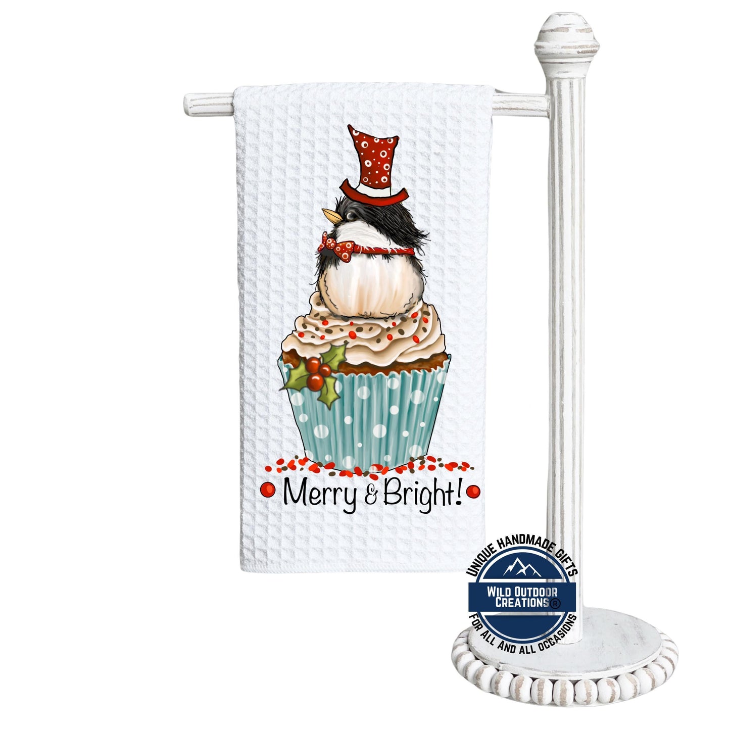 Chickadee Cupcake Christmas Kitchen Towel Merry Bright Bird Waffle Weave Holiday Decor Gift