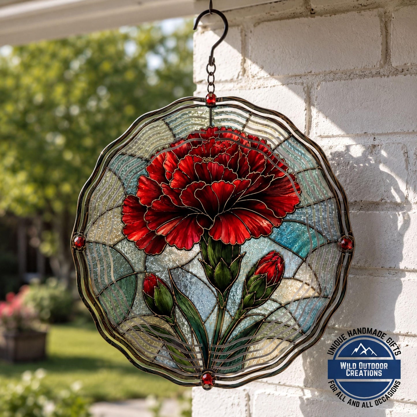 January Birth Flower Carnation Wind Spinner 10 Inch Faux Stained Glass Metal Garden Decor