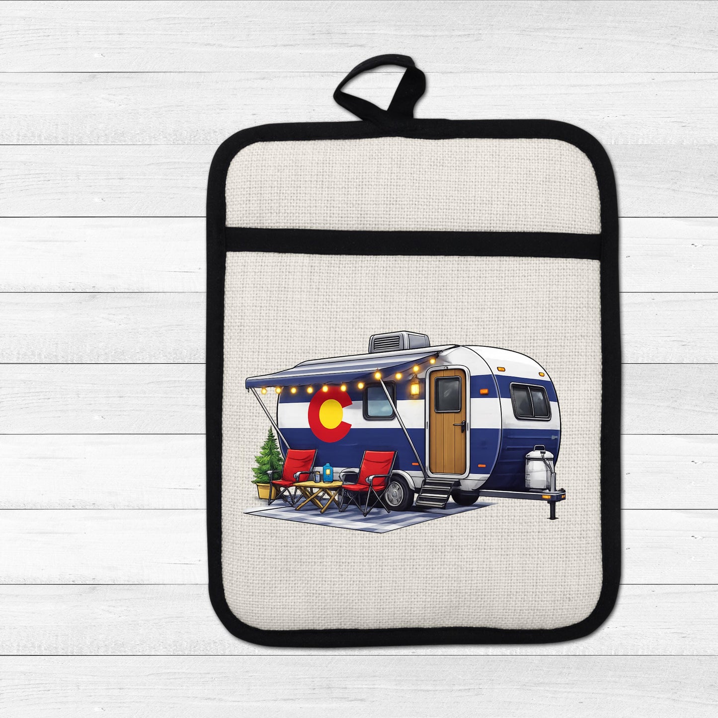Colorado Camper Pot Holder - Linen Fabric, Silicone Heat Trivet With Loop