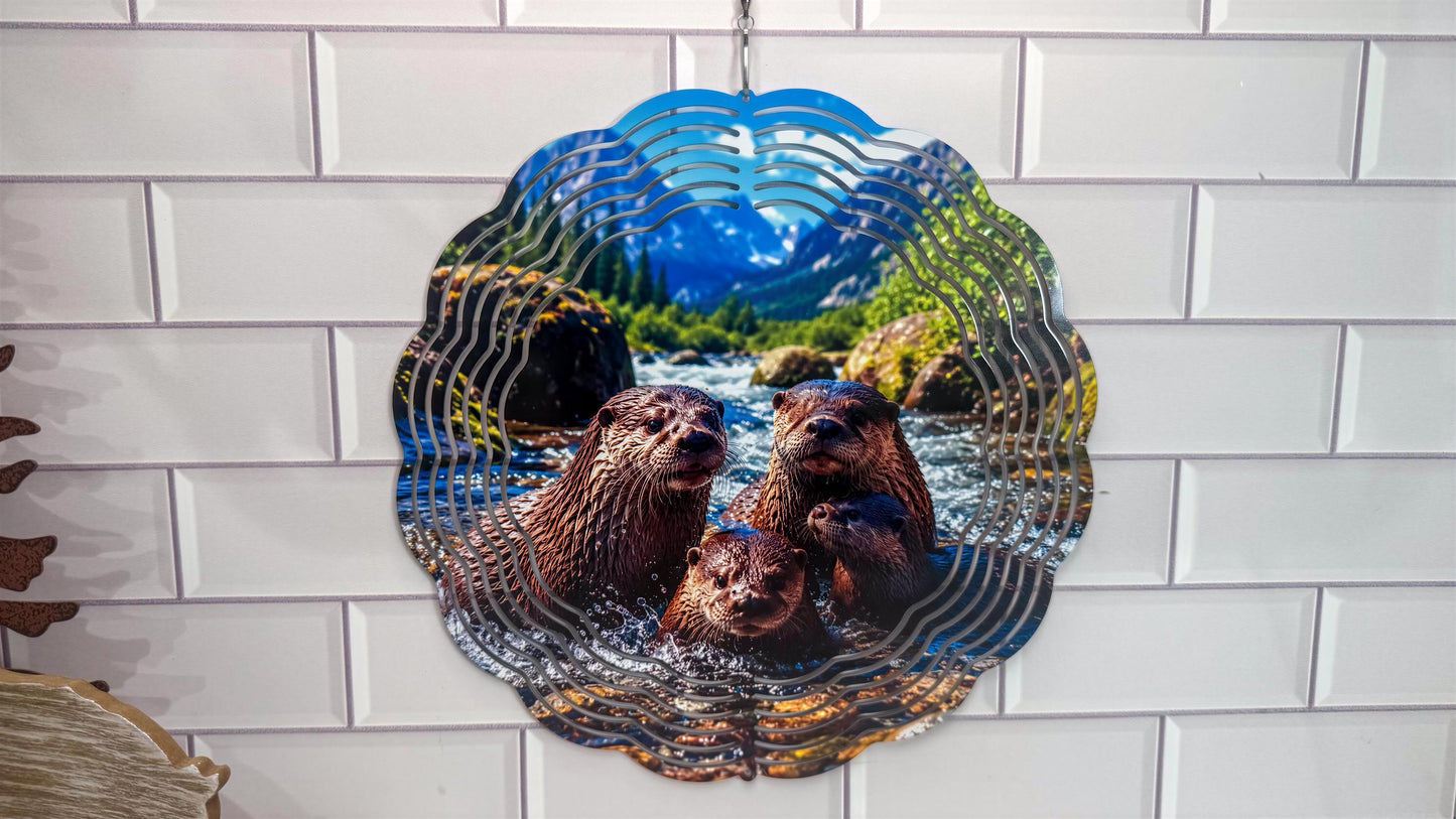 Family Otter 10 Inch Wind Spinner, Wildlife Porch Decor - 360 Swivel | Indoor Outdoor Accent