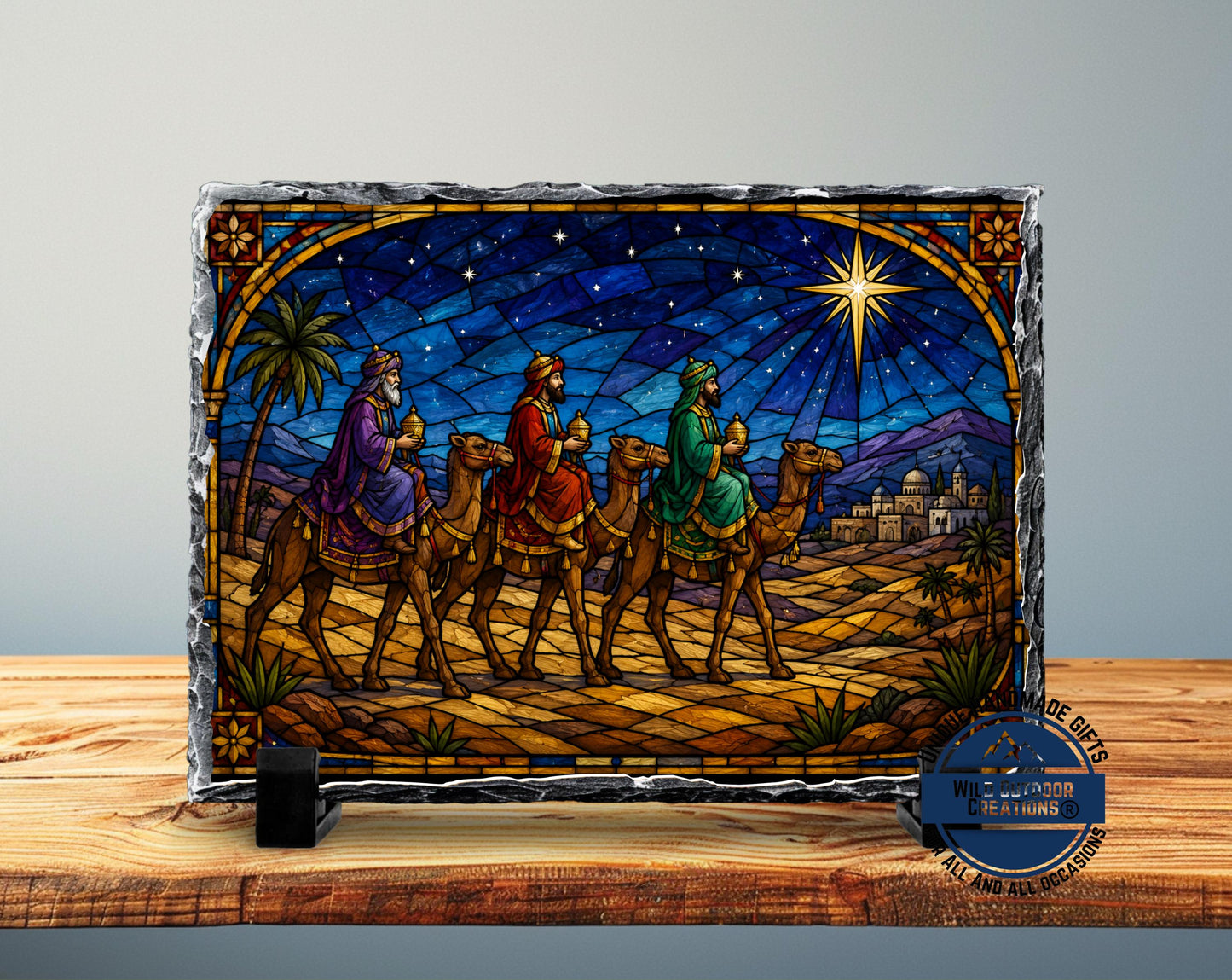 Three Wise Men Faux Stained Glass Slate Plaque, Christmas Nativity Decor, Religious Gift