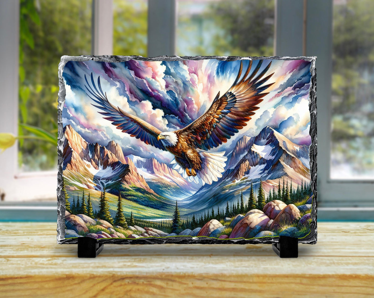 Watercolor Eagle Slate Plaque - Majestic Eagle in Flight Over Mountain Valley Rustic Wildlife Decor