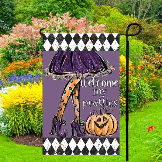 Double-Sided Halloween Garden Flag - 12x18 Inch Witch Legs Welcome My Pretties