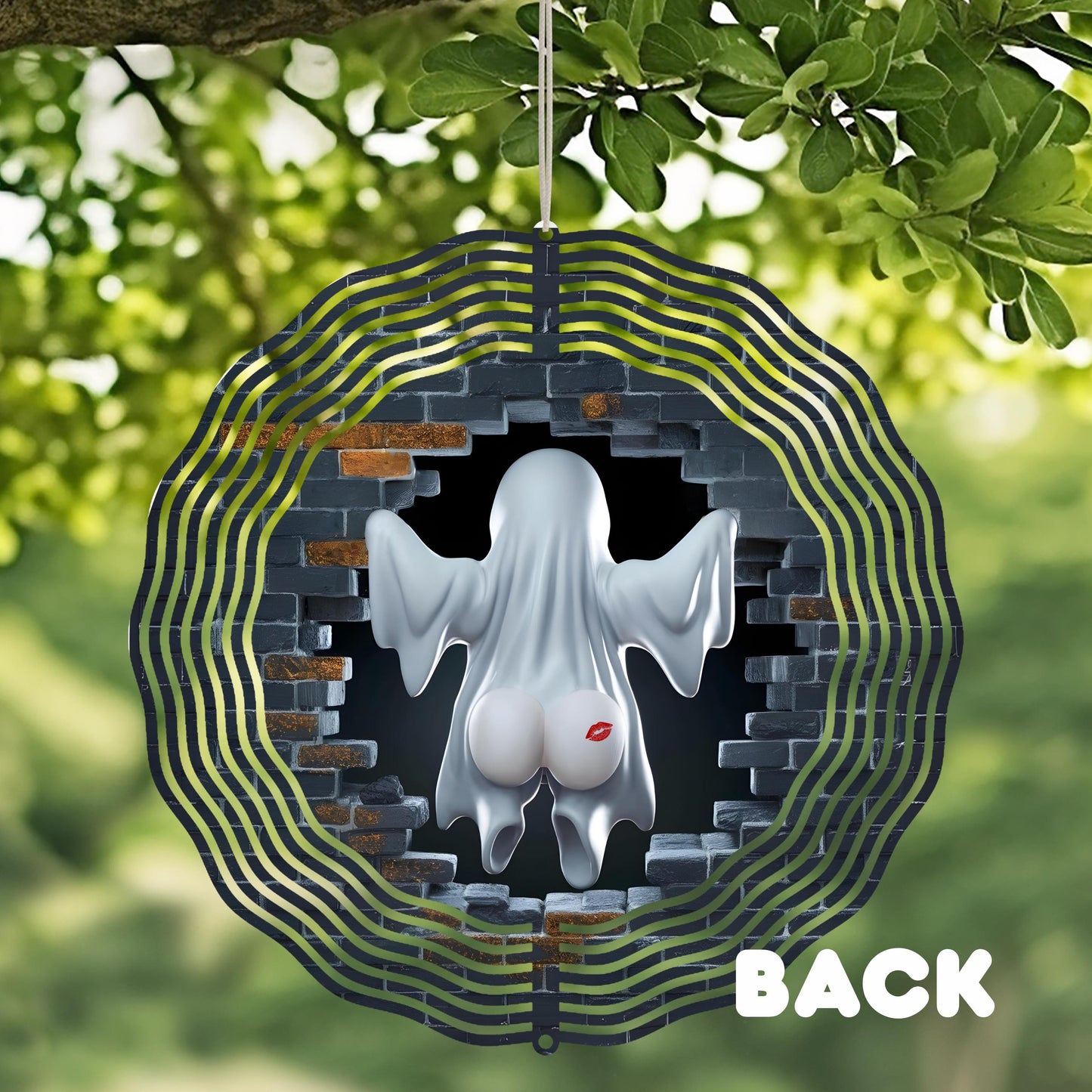 10x10 Inch Ghost Wind Spinner - 3D Double-Sided Aluminum Garden Art with Brick Wall Scene UV Coated for IndoorOutdoor Decor