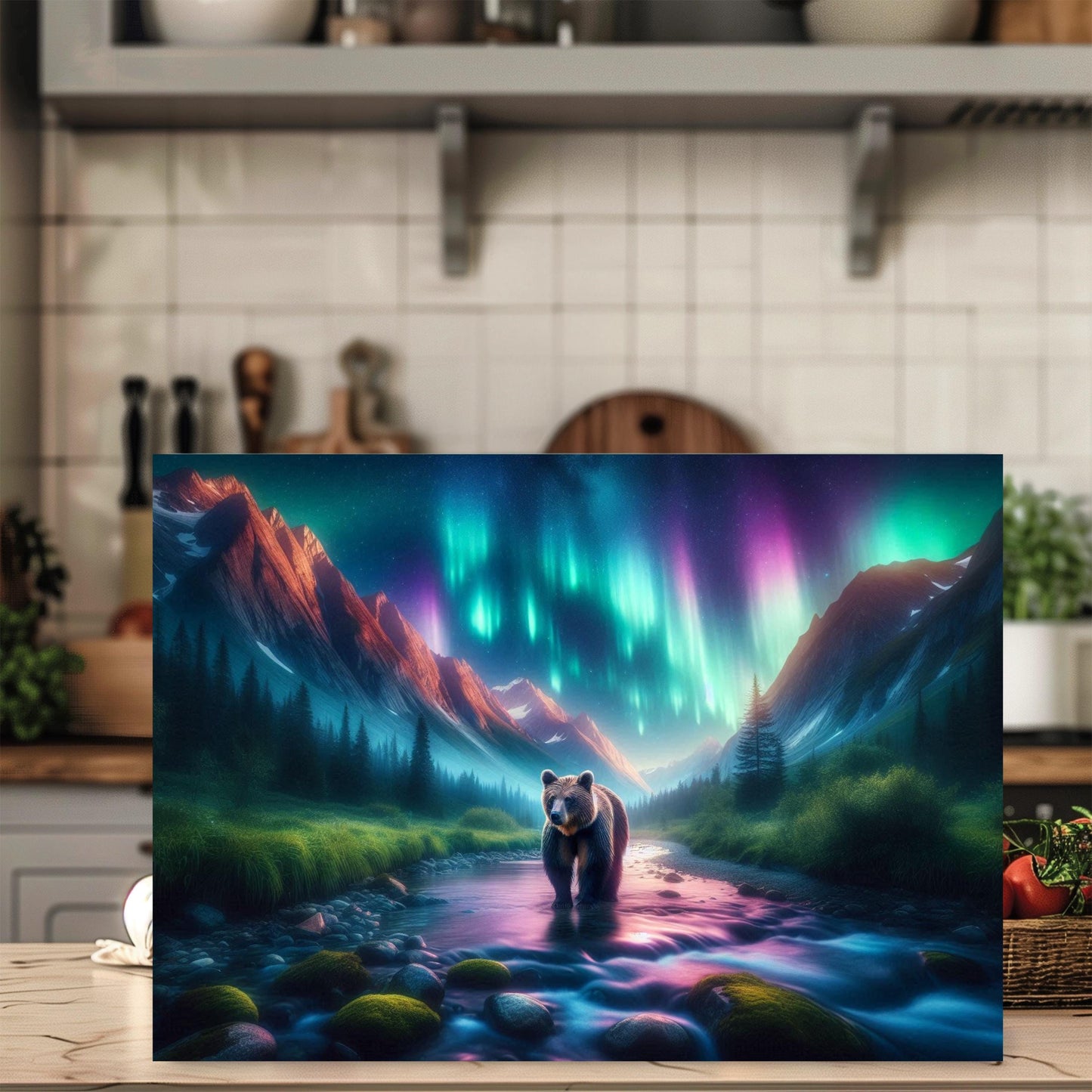Vibrant Northern Lights Bear River Tempered Glass Cutting Board, Hostess Housewarming Gift, Bear Lover Gift, Kitchen Decor for Mom, New Home