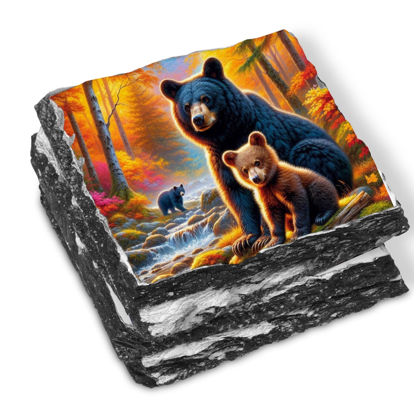 Fractured Edge Slate Coaster Set with Bear and Cub Fall River Scene - Ideal Gift for Nature Lovers