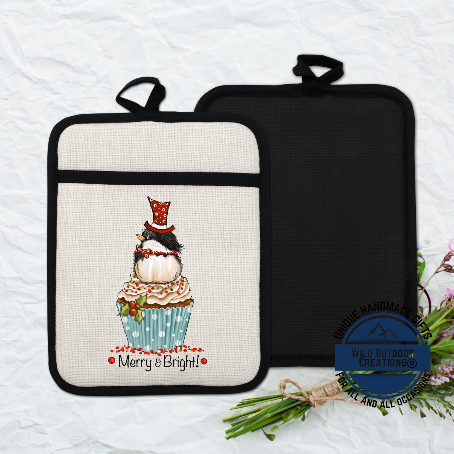 Chickadee Cupcake Pot Holder Linen Hot Pad Merry Bright Christmas Kitchen Gift