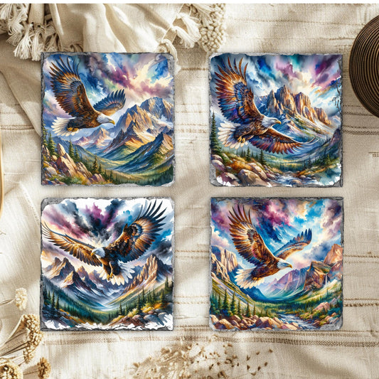 Eagle and Mountain Watercolor Slate Coaster Set with Fractured Edges  Perfect Rustic Gift for Wilderness Enthusiasts