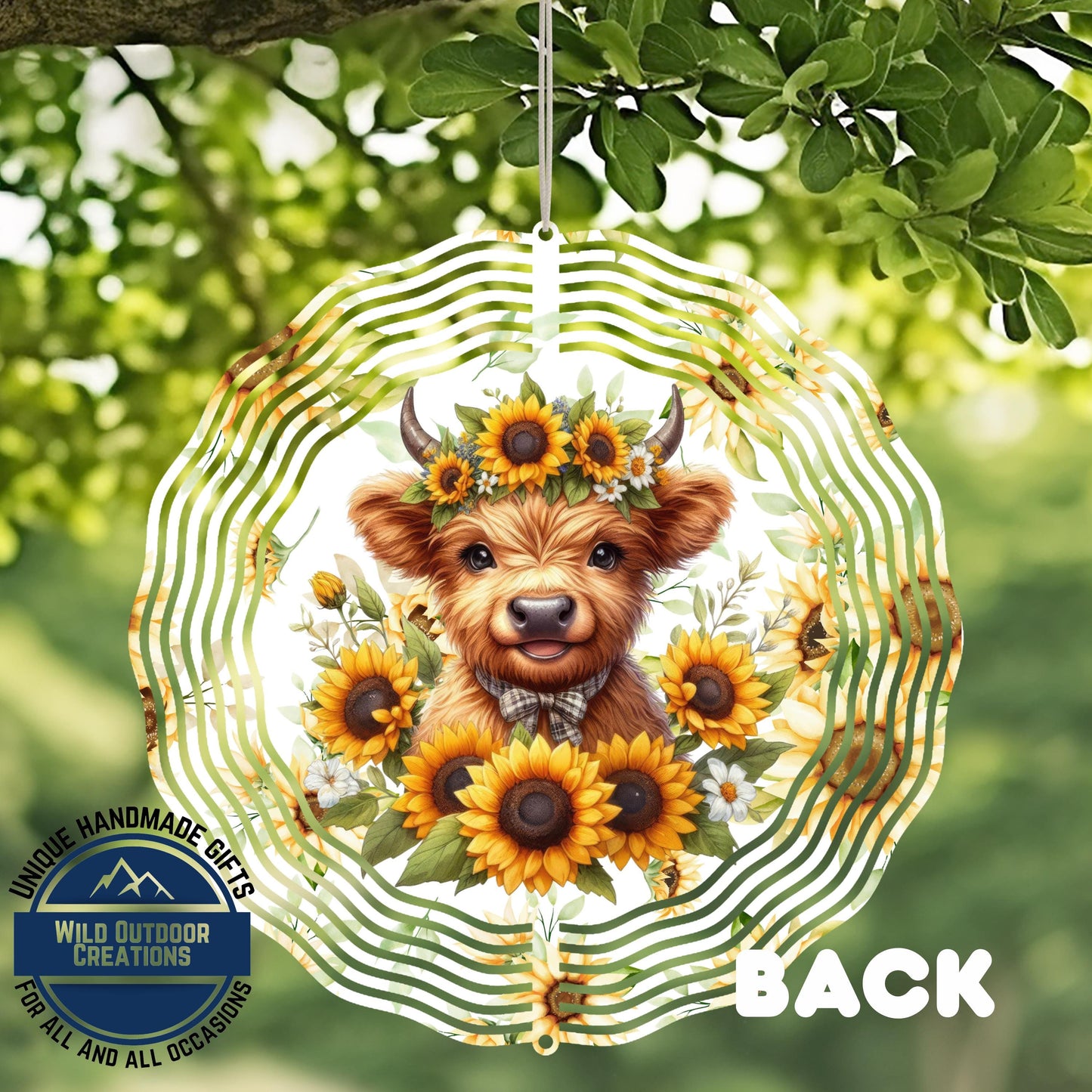 Baby Highland Cow Spinner - Rustic Garden Decor | Sunflower Crown Wind Spinner