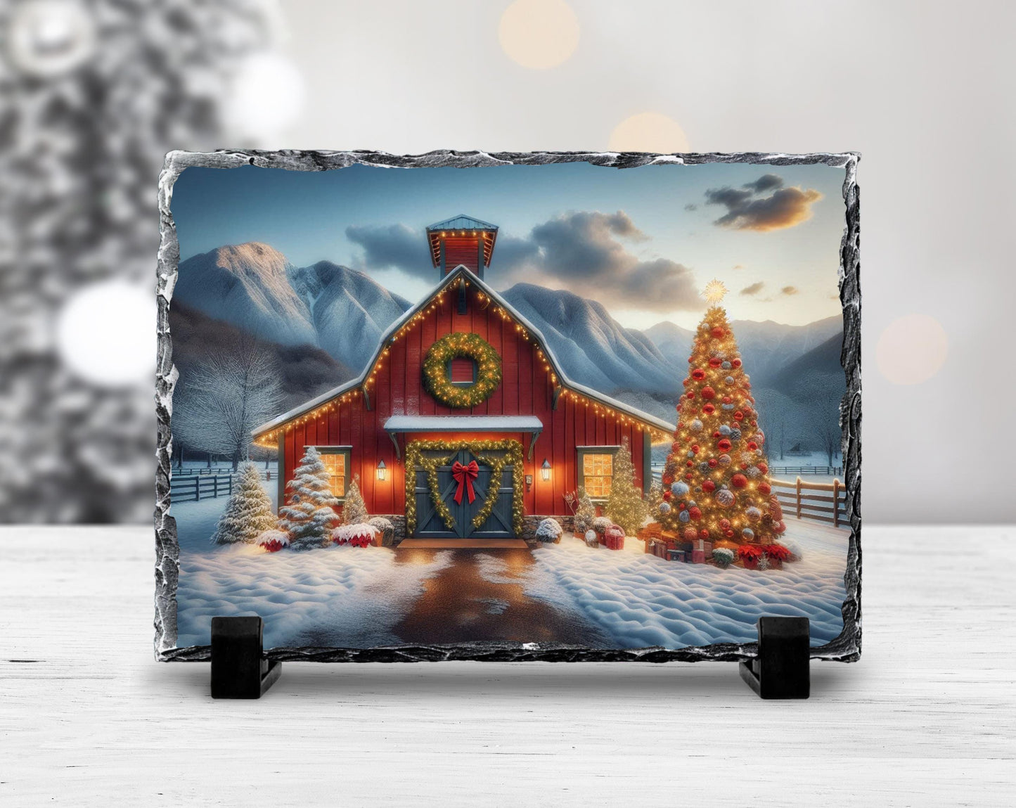 Rustic Slate Wall Art - Snowy Barn and Tree Farmhouse Christmas Decor Gift