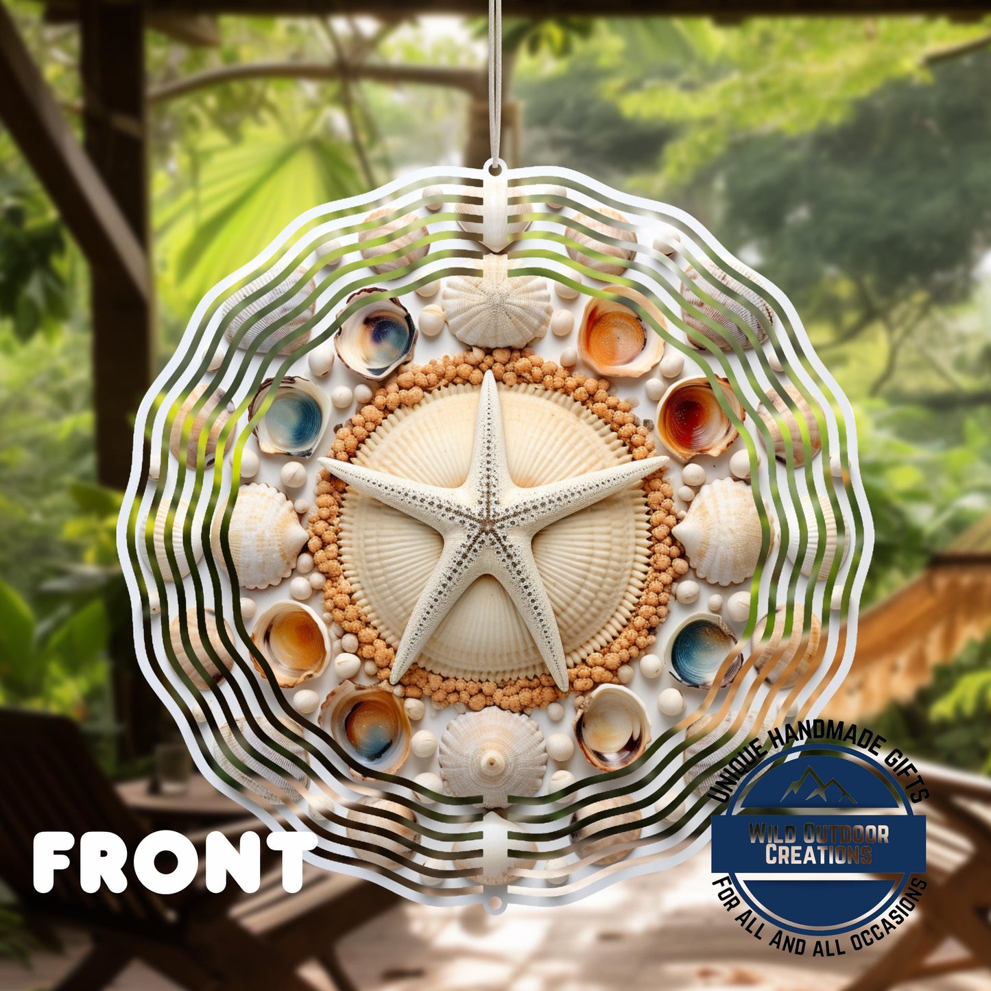 Coastal Seashell Wind Spinner - Aluminum Beach Nautical Yard Art, 10 Inch