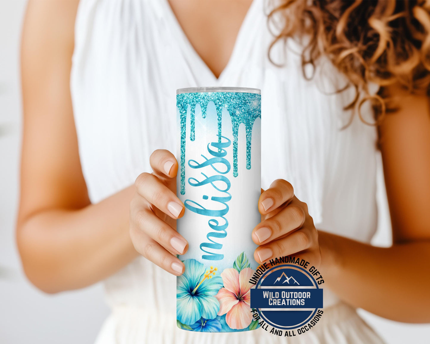 Personalized Tropical Tumbler - Double Wall Tumbler With Floral Beach Design & Glow Green