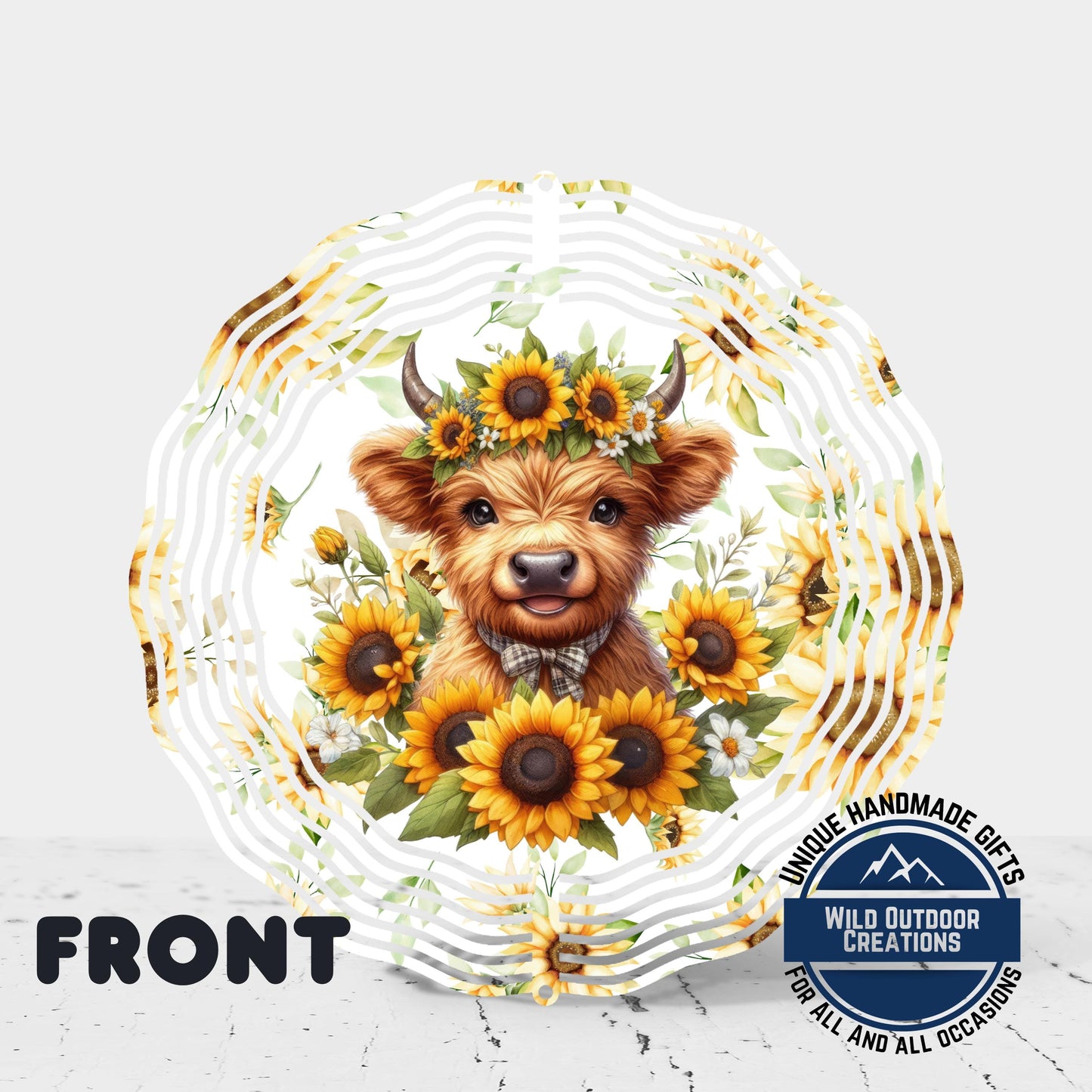 Baby Highland Cow Spinner - Rustic Garden Decor | Sunflower Crown Wind Spinner
