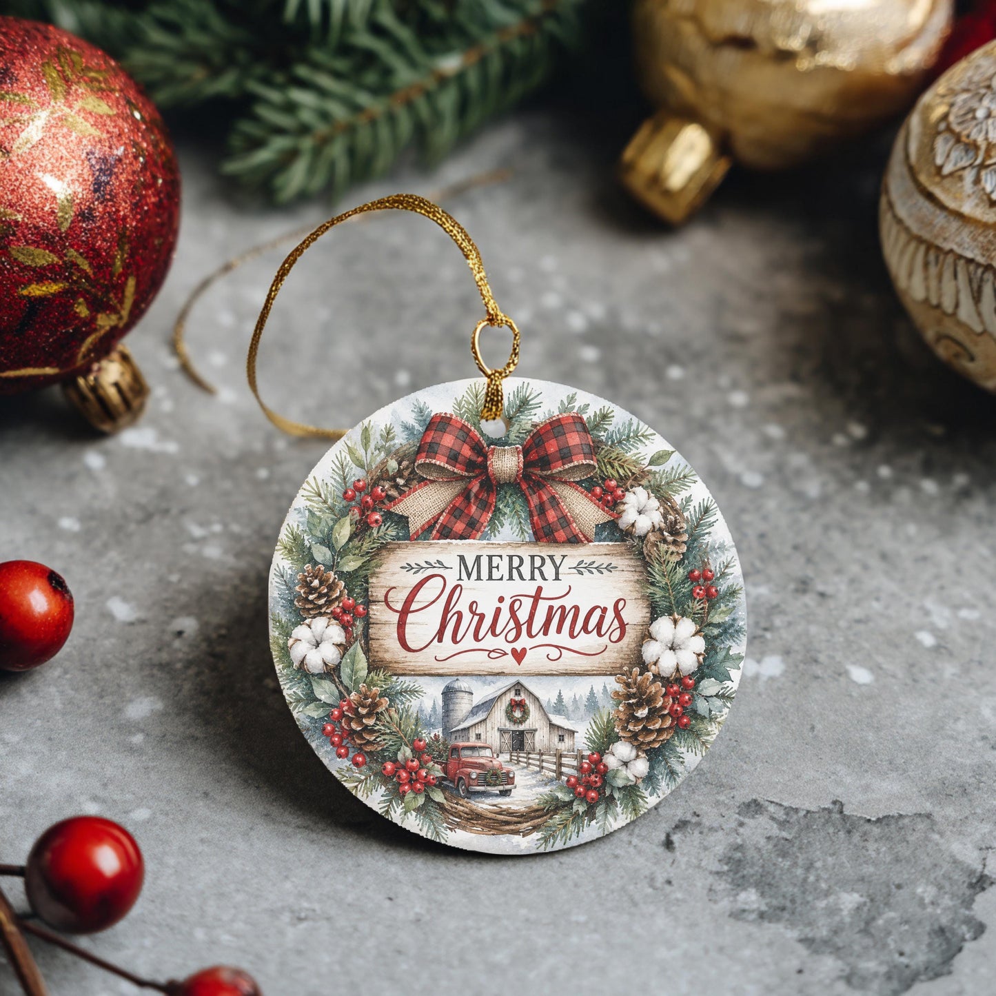 Ceramic Christmas Ornament, Farmhouse Wreath Scene, 3 Inch, Ribbon
