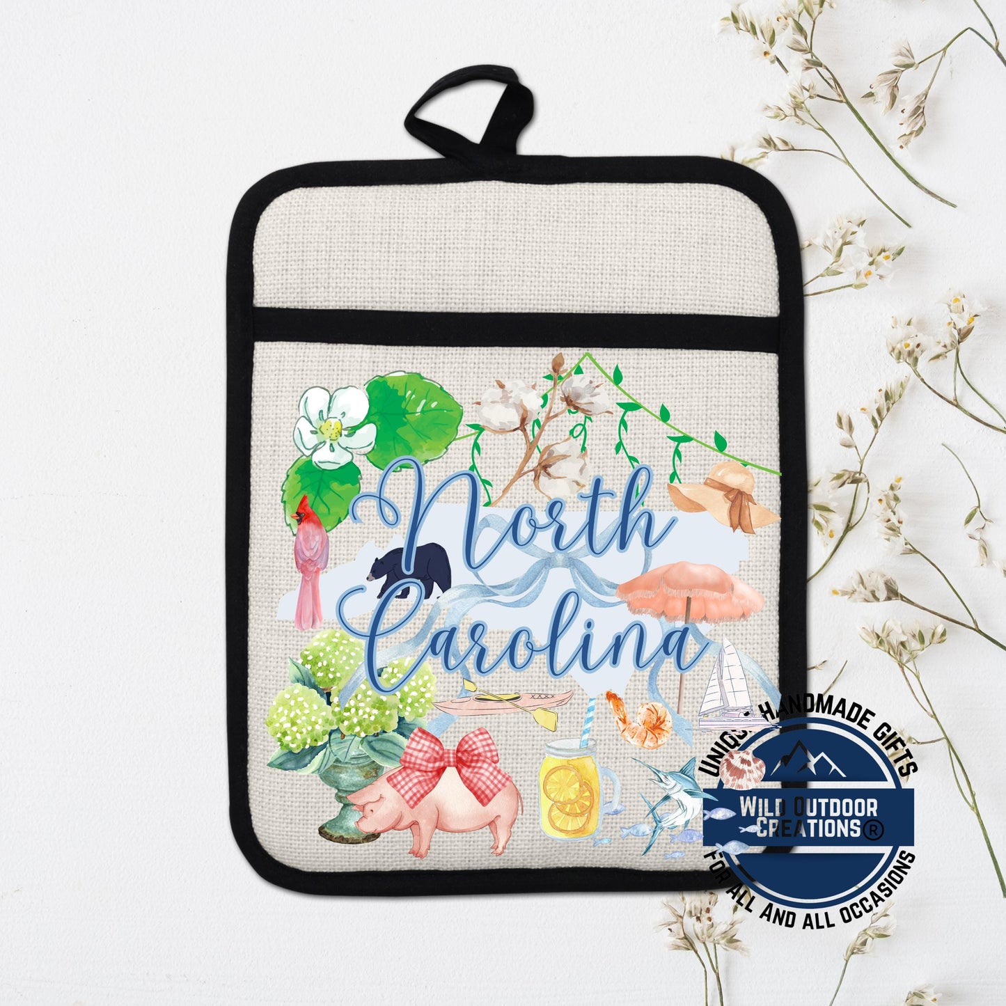 North Carolina Pot Holder - Non Slip Pocket Potholder with Linen Look Fabric - packaging and presentation