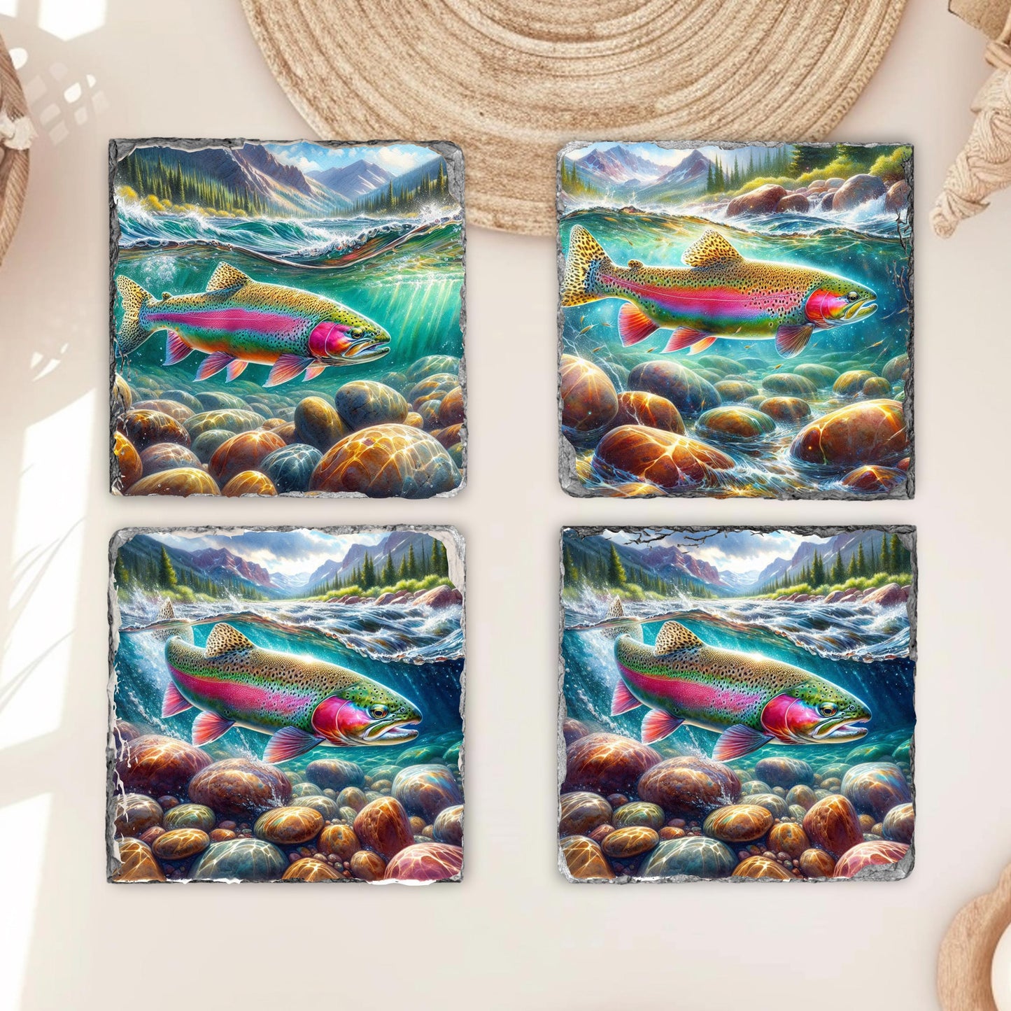 Rainbow Trout Slate Coaster Set with Fractured Edges  4 Sublimation Prints  Black Rack for Coffee Table or Gift