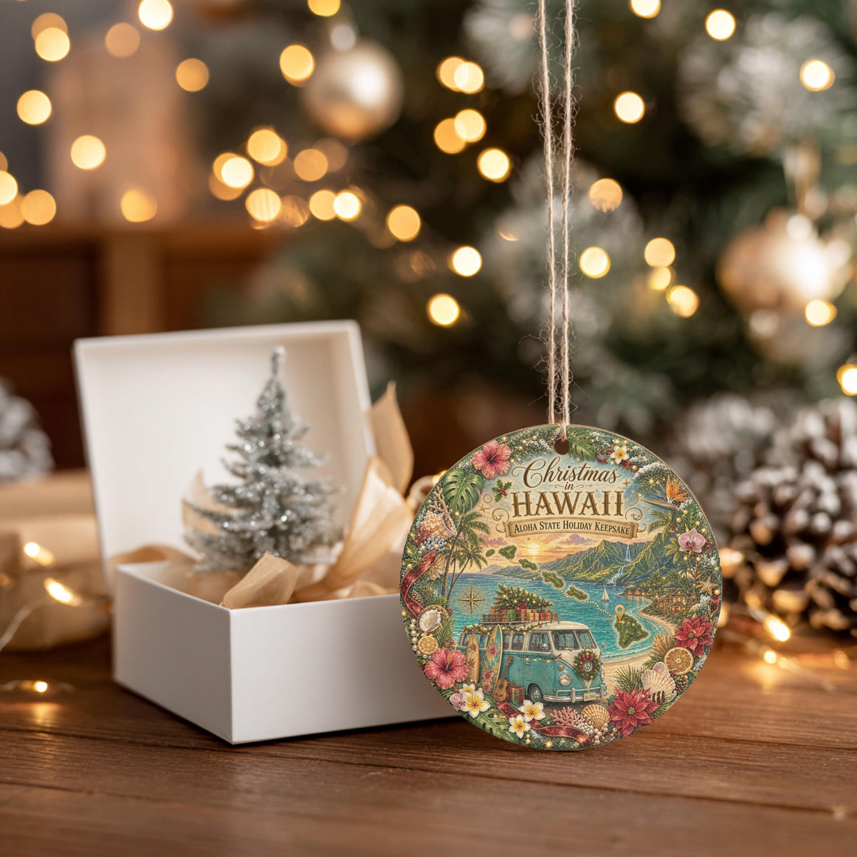 Hawaii Ornament, Vintage Van Aloha State Keepsake, 3 Inch Ceramic