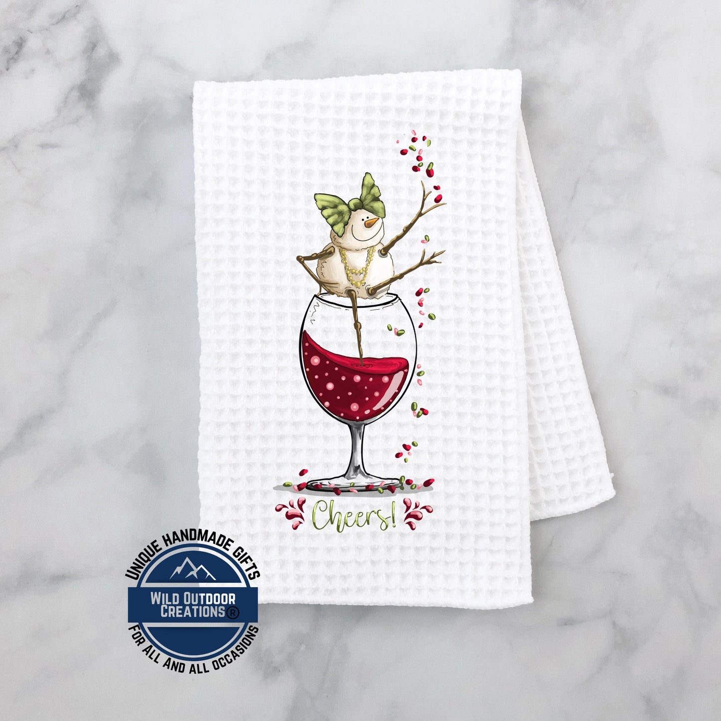 Snowman Wine Glass Kitchen Towel Cheers Funny Christmas Waffle Weave Holiday Decor Gift