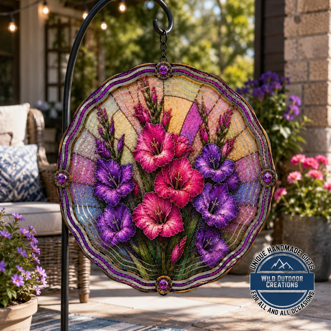 August Birth Flower Gladiolus Wind Spinner 10 Inch Faux Stained Glass Metal Garden Decor