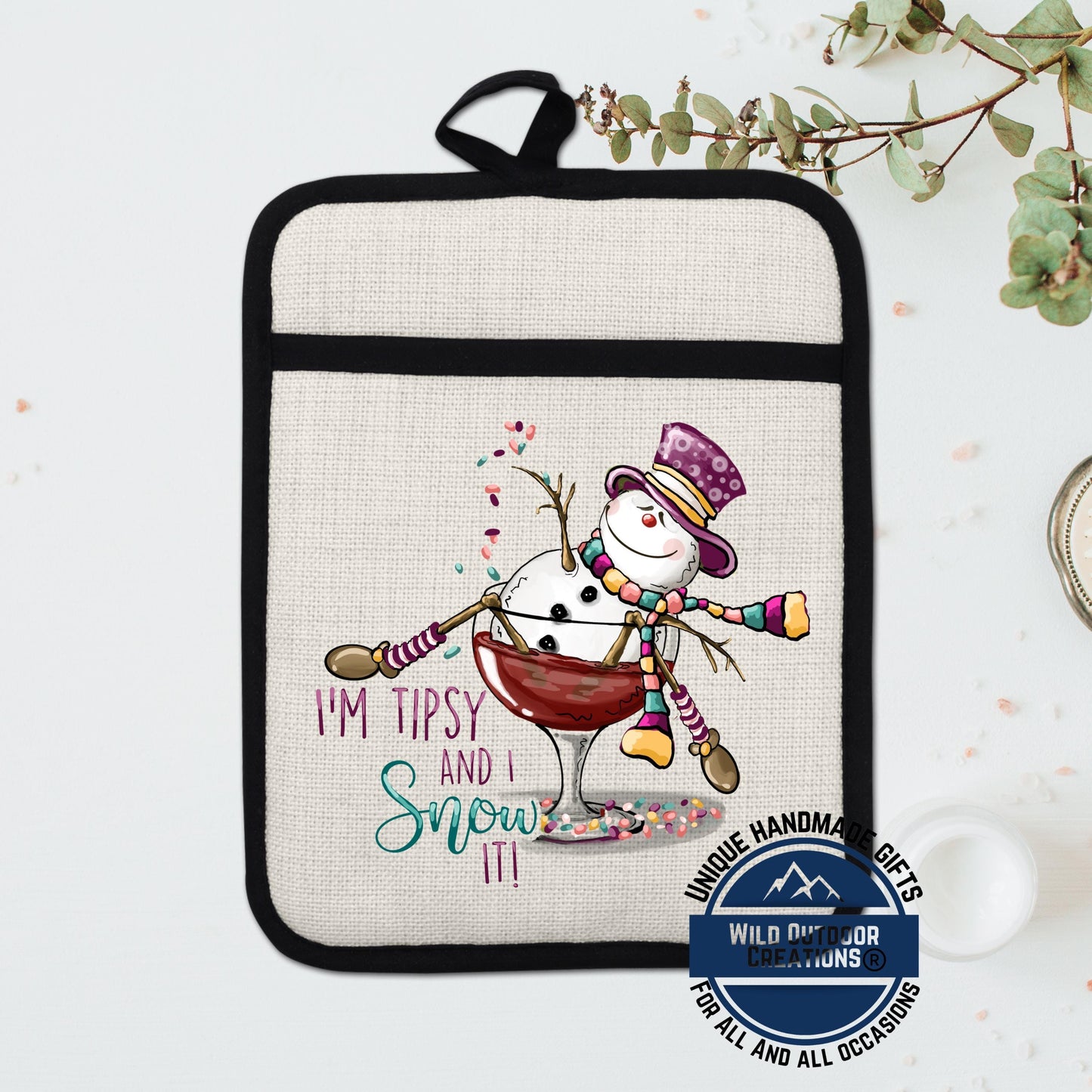 Snowman Wine Pot Holder Linen Hot Pad Tipsy Funny Christmas Kitchen Gift Decor