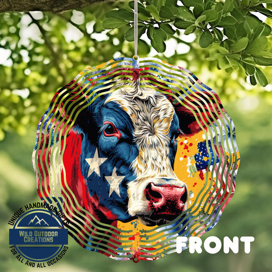 Patriotic Cow Wind Spinner - Aluminum Outdoor Garden Decor With American Flag