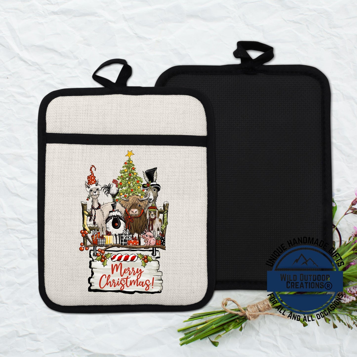 Farmhouse Pot Holder Linen Hot Pad Highland Cow Llama Christmas Kitchen Gift Decor