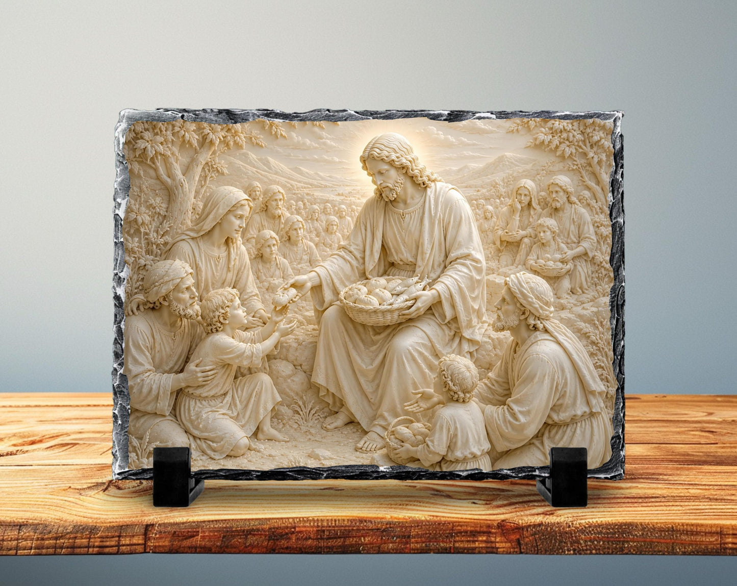 Jesus Feeding the 5000 Slate Plaque, Loaves Fishes Miracle Religious Decor, Christian Gift
