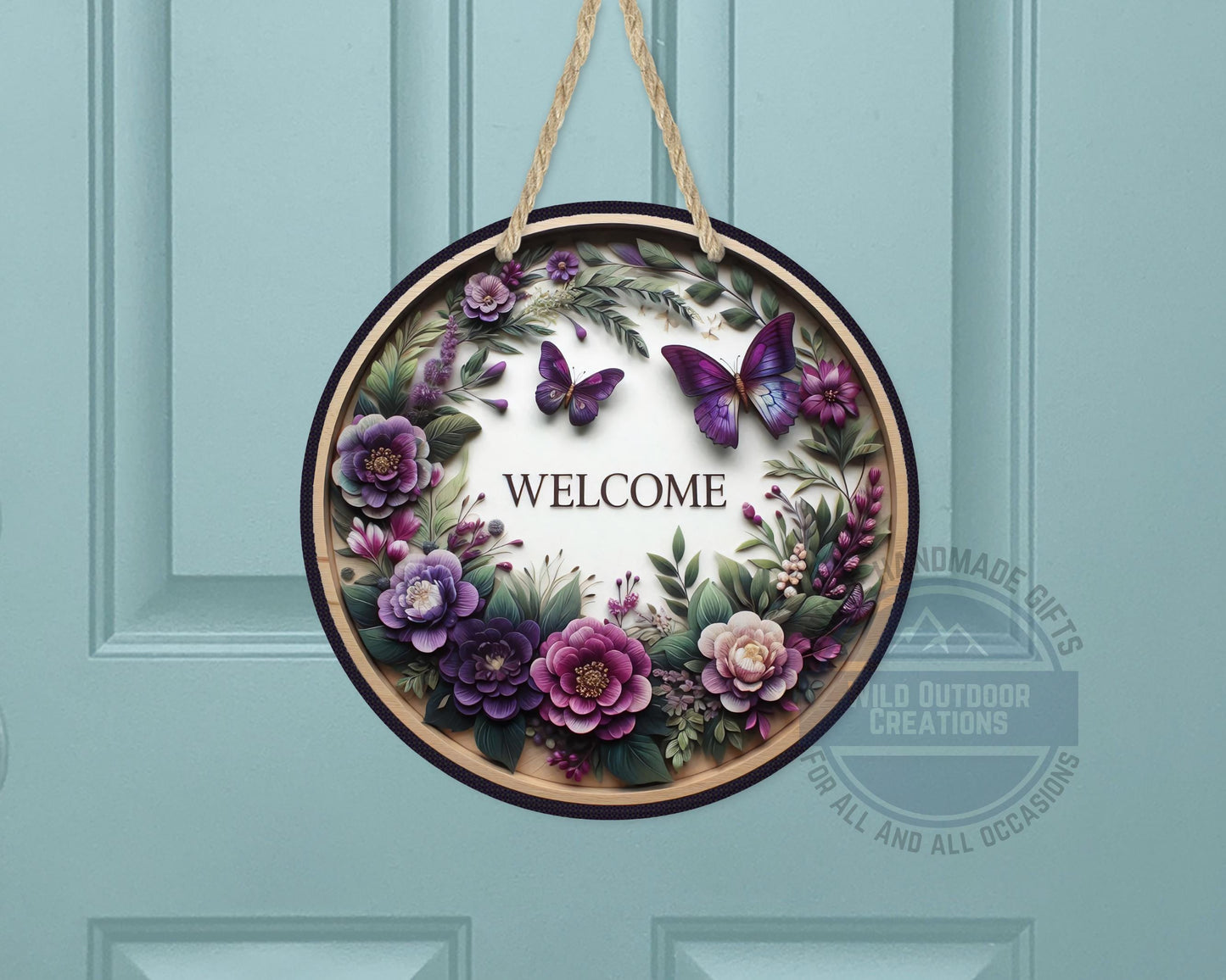 Welcome Door Hanger - Purple Floral Butterfly Porch Sign | Weather Resistant Aluminum
