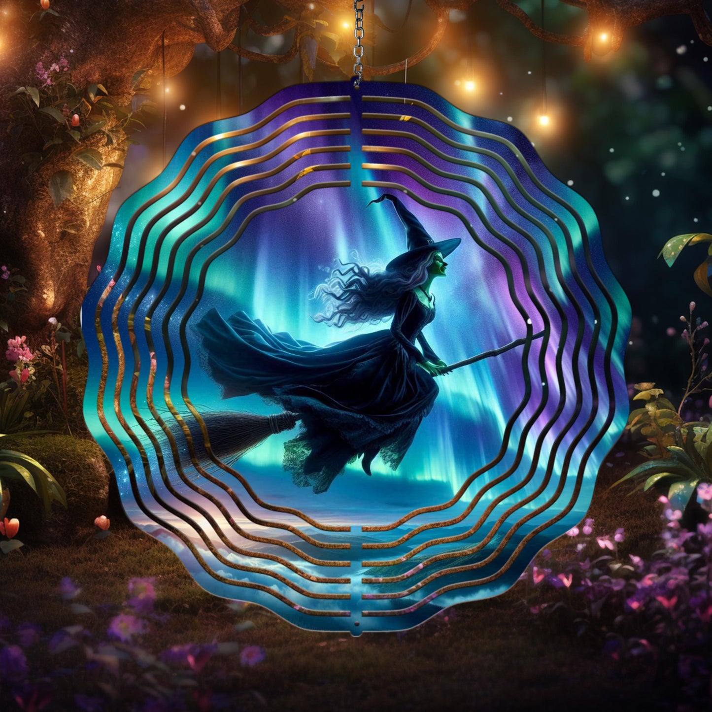 Witch on Broom Wind Spinner - Aurora Borealis Aluminum Outdoor Art for Enchanting Yard Decor