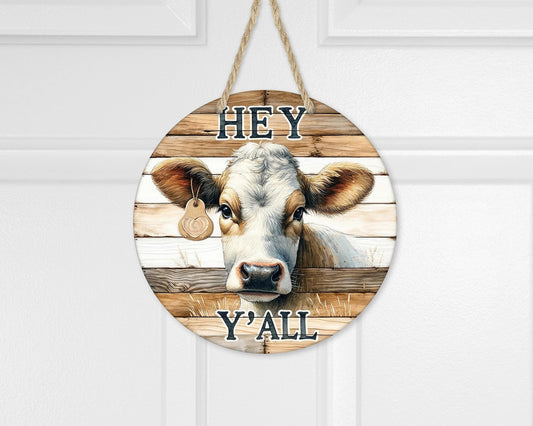 Farmhouse Round Door Wreath with Cow Decor, Faux Wood Hey Y'all Sign Unique Gifts for Cow Lover, Front Porch Decor, New Home Gift, Cow Door