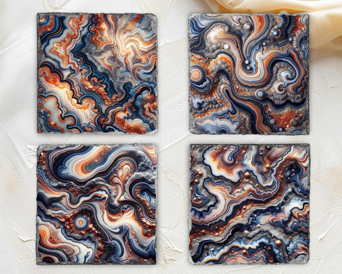 Blue Orange Silver Glitter Agate Coaster Set of 4 - Fractured Edge Boho Drinkware for Housewarming Gifts