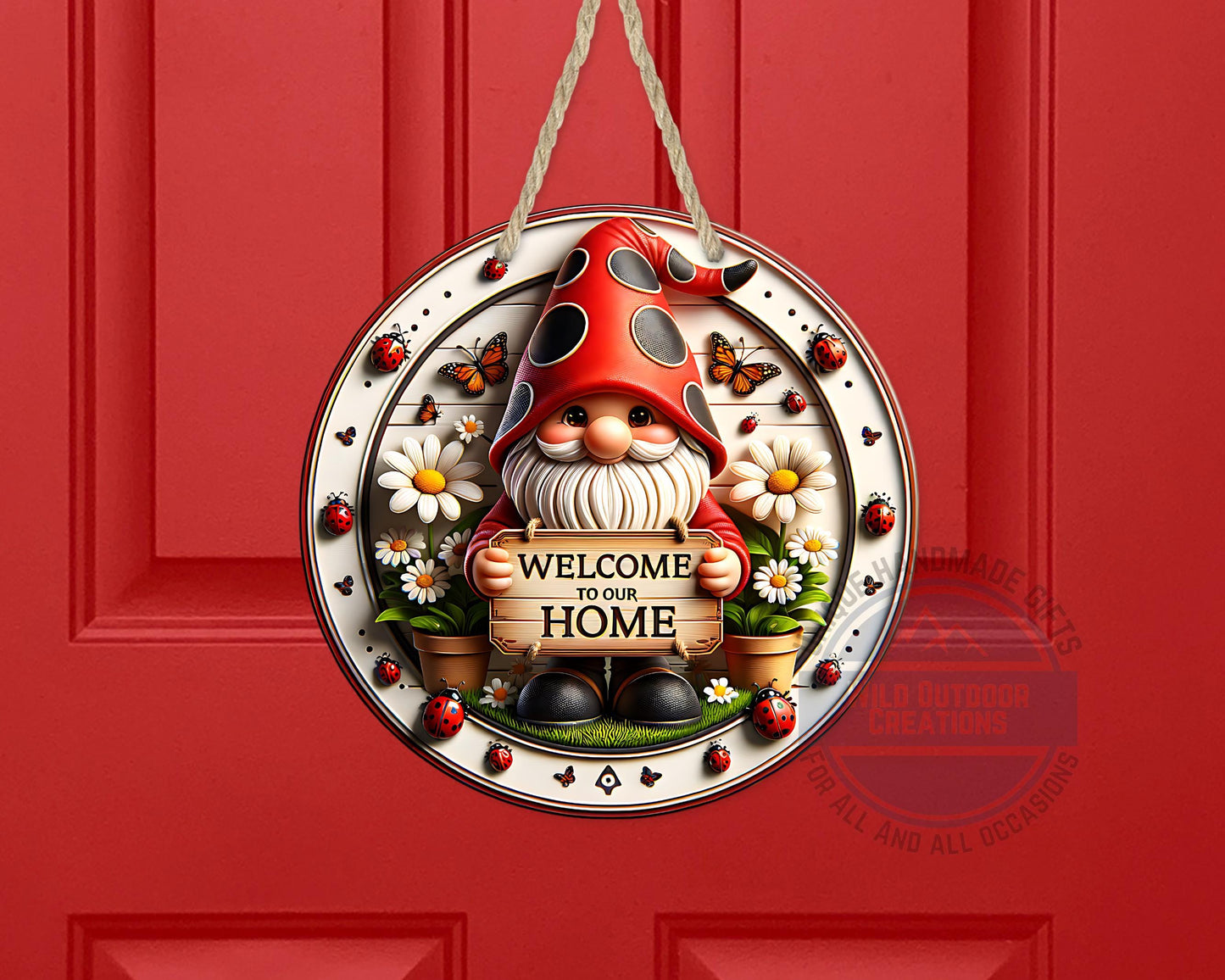 Welcome Gnome Door Hanger - Red Hat Gnome with Daisy & Ladybug Accents